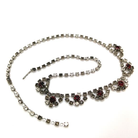Vintage 1960s Rhinestone Choker Necklace, Rhodium Plated, Red Gray Clear Stones - Picture 7 of 10